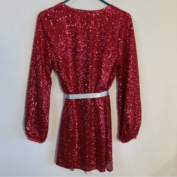 Express X Olivia Culpo XXS hot pink sequin wrap mini dress sparkly - Picture 5 of 16